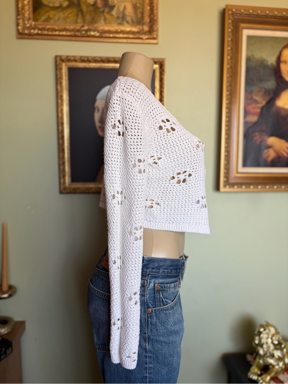 Open Crochet White Tie-Front Hippie Beachy Cardigan Boho Sweater Top Size M - Picture 11 of 16